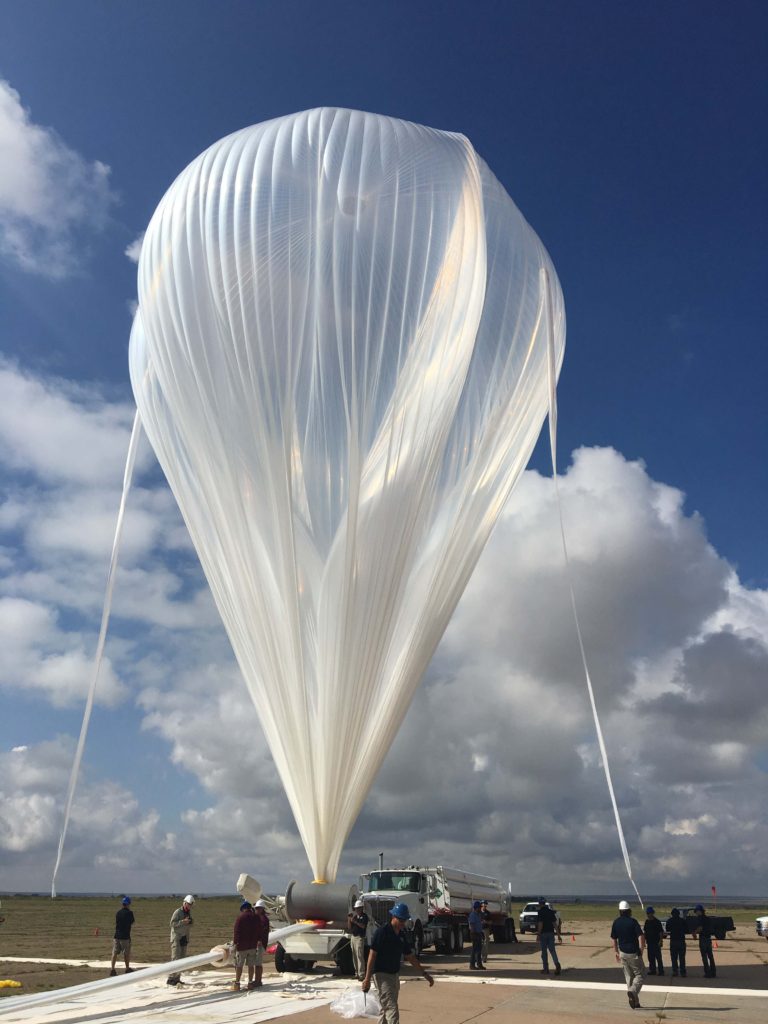 An 11.8-million-cubic-foot scientific balloon is inflated with helium just prior to launch by the High-Altitude Student Platform; Credits: NASA/Alan Haggard