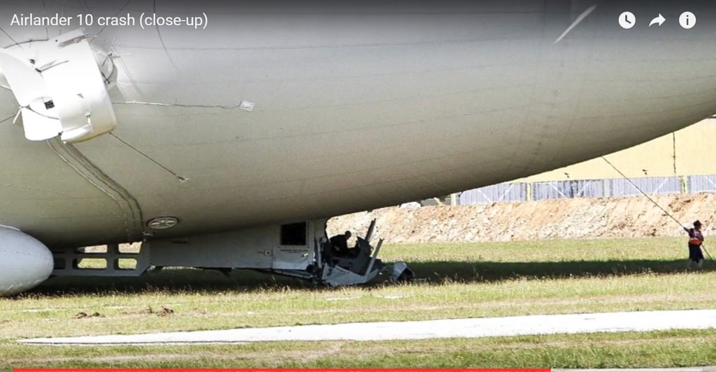 Airlander's heavy landing damages cockpit on second test flight. Screen shot by author from SciNews video.