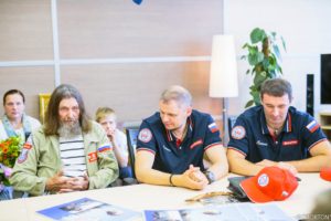 Fedor Konyukhov at a press conference after his successful flight.
