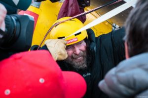 Cold and exhausted, Fedor Konyukhov emerges from his gondola after landing. Credit: http://flyfedor.ru/en/